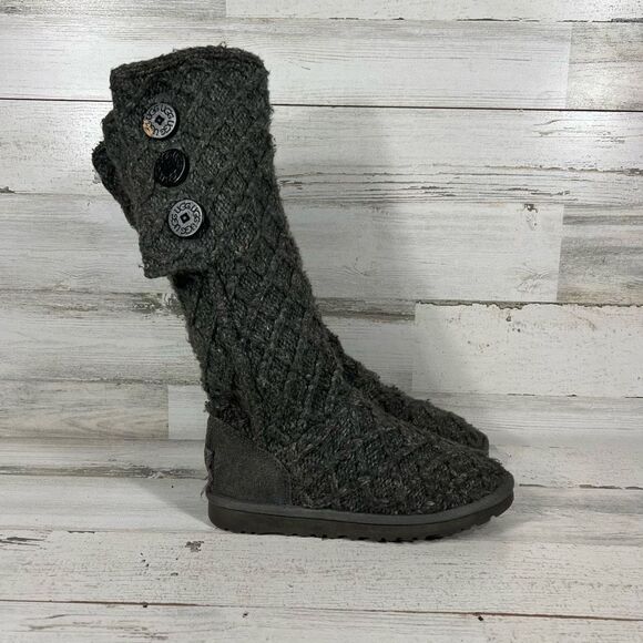 UGG Women's Lattice Cardy Charcoal Grey Knit Tall‎ Boots 3066 Size 6 US - Picture 1 of 8